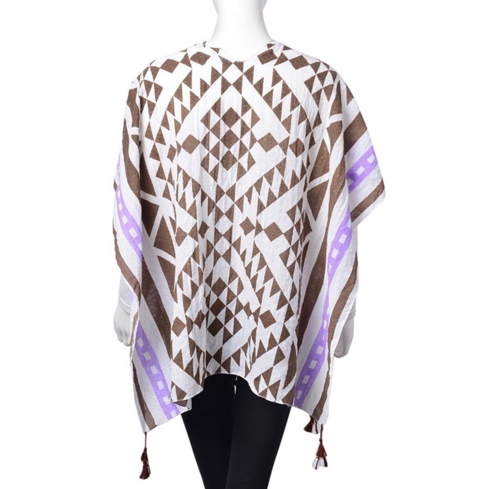 Cotton Santa Fe Pattern Kimono with Tassels White, Purple, and Brown - Picture 6 of 7